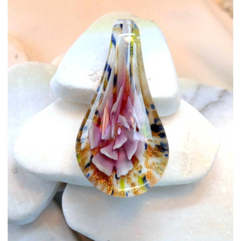 Murano Hand Blown Pink Floral Glass Pendant Copper Yellow Blue